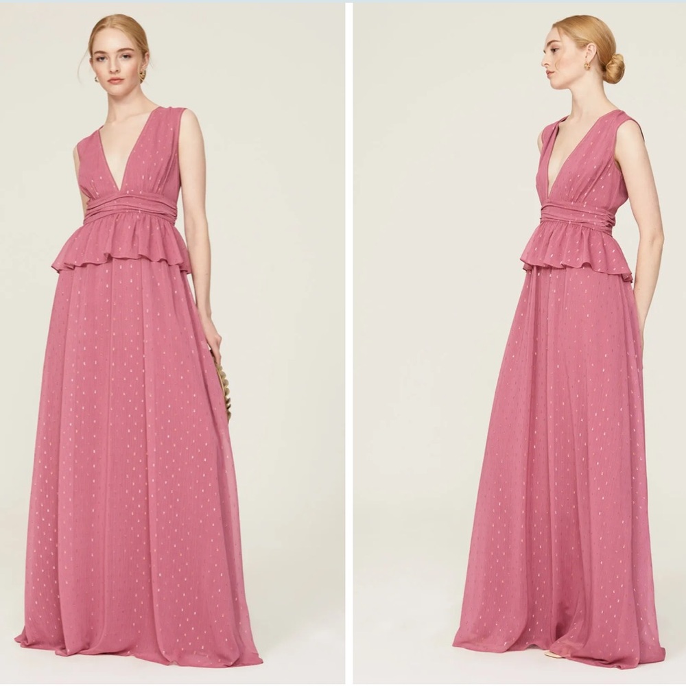 RTR LDT‎ Pink Rose Metallic Peplum Waist Sleeveless V Neck Maxi Gown Dress Sz 2
